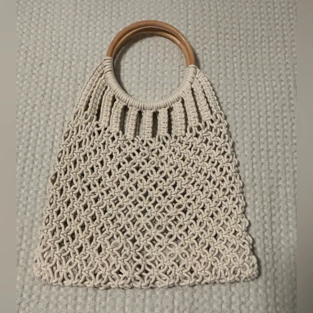 Vintage Crochet Macrame Bag Round Wood Handles Boho Fall Winter Halloween